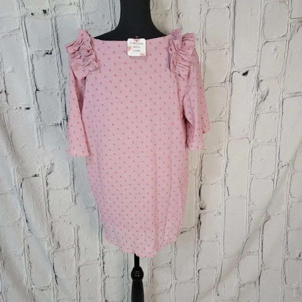 BLUSH Bell Sleeve Pink Swiss Dot Dressy Blouse with Ruffle Detail Womens L NWT - Picture 5 of 8